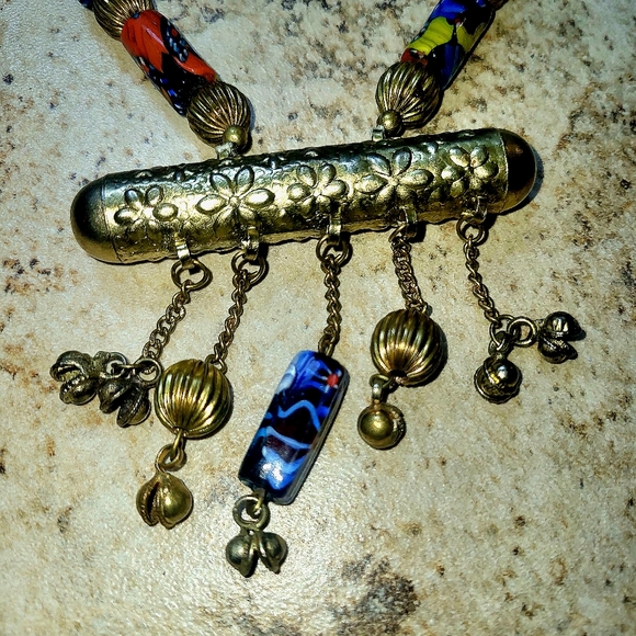 Vintage Boho Statement Necklace - Brass & Millefiori Glass Beads - Picture 3 of 6